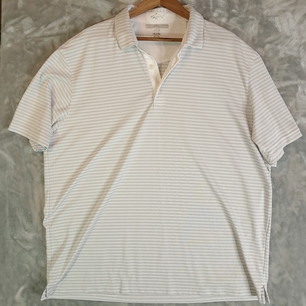 Greg‎ Norman Polo Mens XXL Performance PlayDry Striped Shirt White Gray Golf